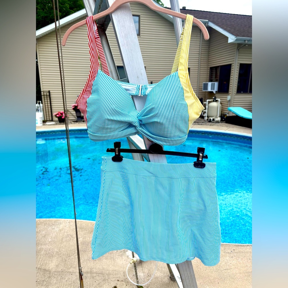 NWOT Lands End Draper James Bikini Top & Swim Skirt 14 D/DD blue white stripe